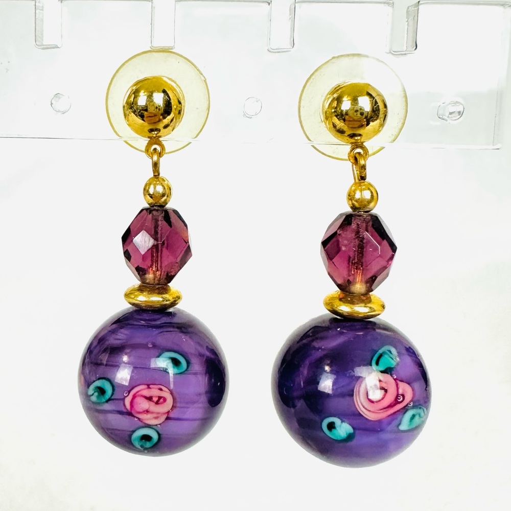 Glass Floral and Metallic Post Dangle Earrings in Gold Tone and Purple Shades
